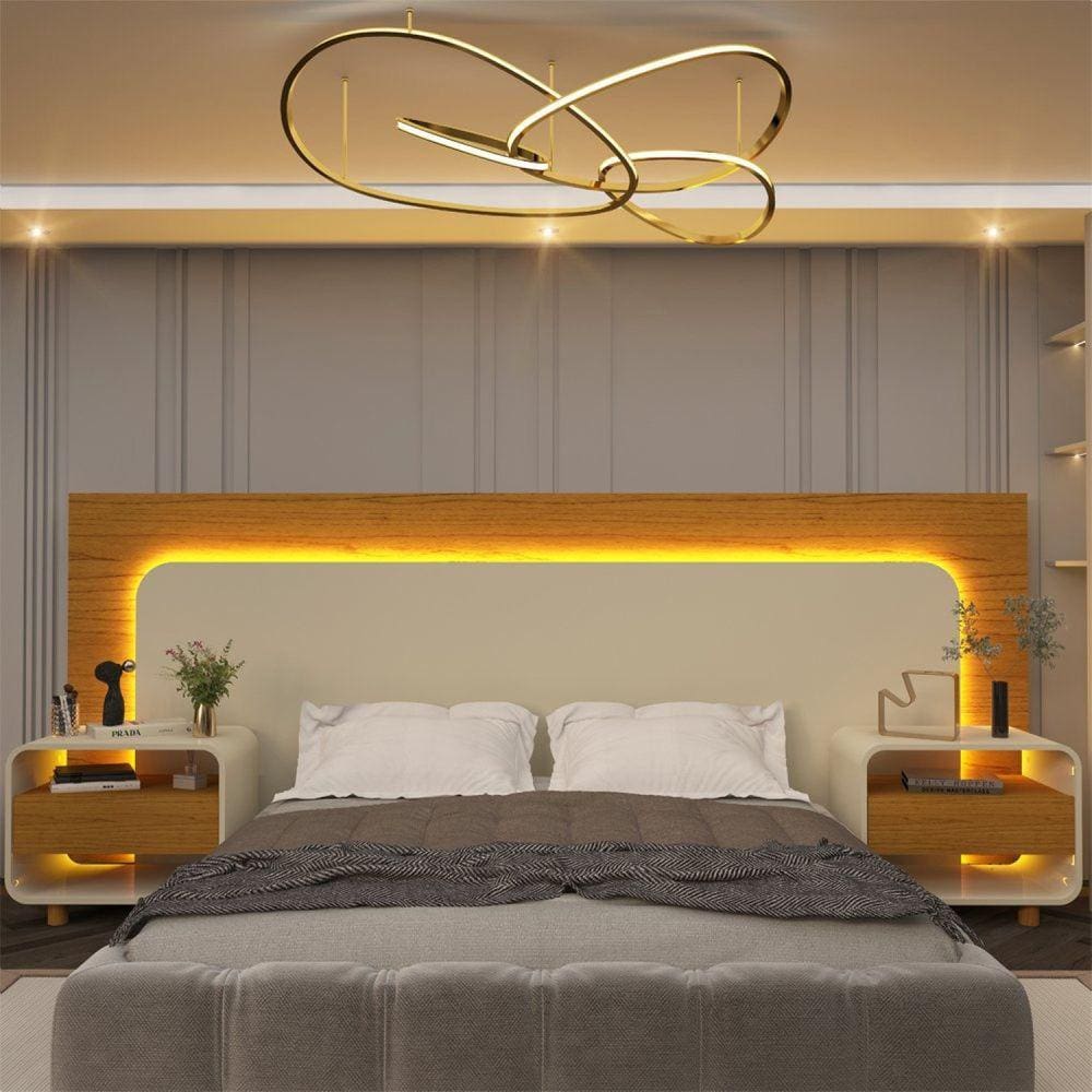 Cabeceira Box Casal com 2 Mesas de Cabeceira com Led Innova Naturale/Off White