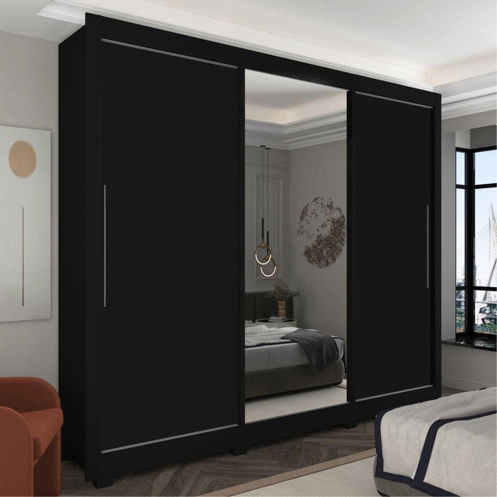 Guarda-roupa Casal 3 Portas 1 Porta Espelhada com Pés Royale Preto Acetinado/Madeirado