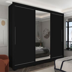 Guarda-roupa Casal 3 Portas 1 Porta Espelhada com Pés Royale Preto Acetinado/Madeirado