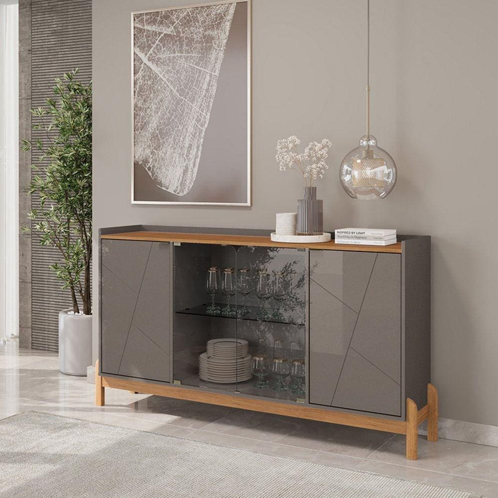 Buffet Aparador 170cm 4 Portas Bari Cinza Perola/Cedro