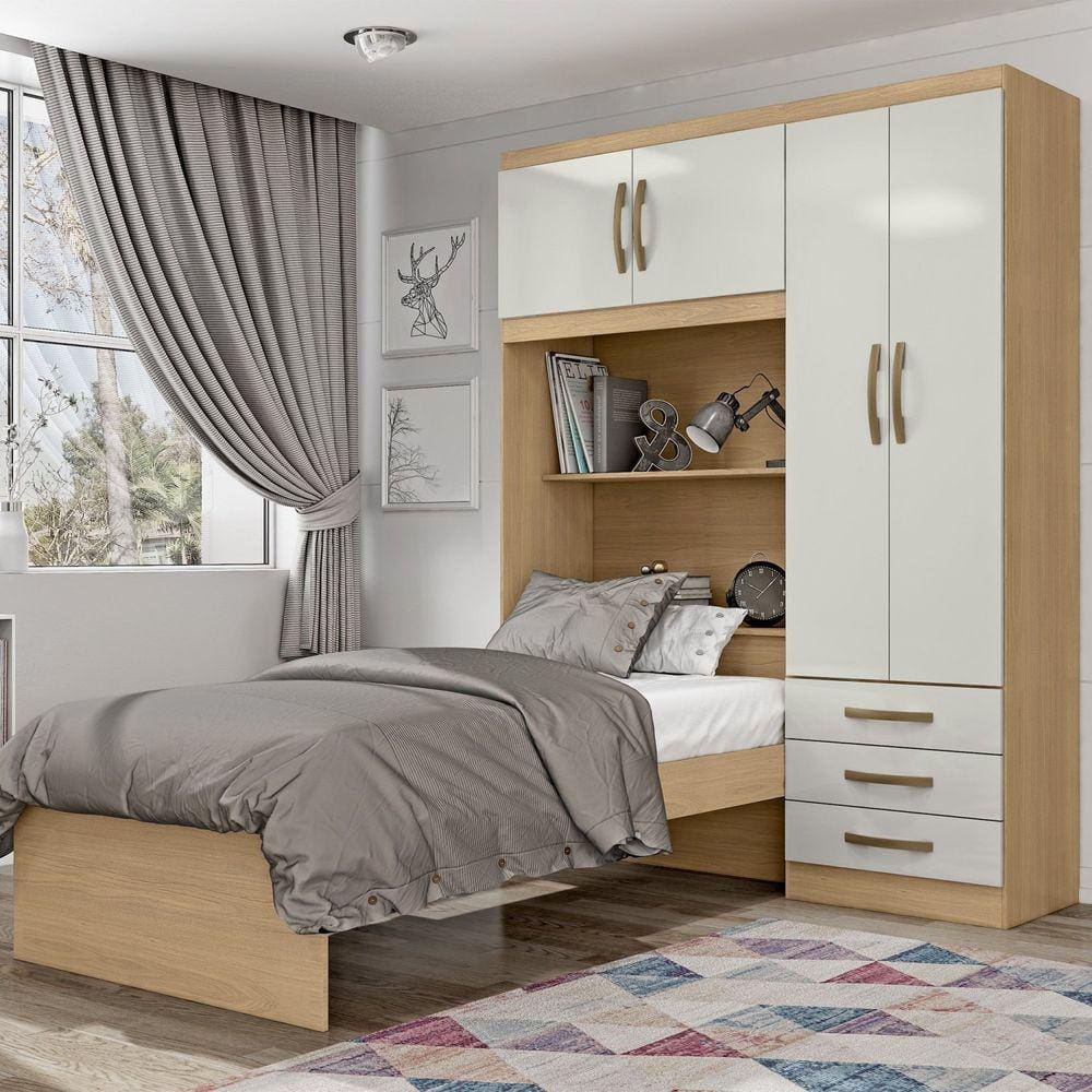 Guarda-roupa Infantil com Cama 4 Portas 3 Gavetas Lisboa Espresso Móveis Castanho/Off White