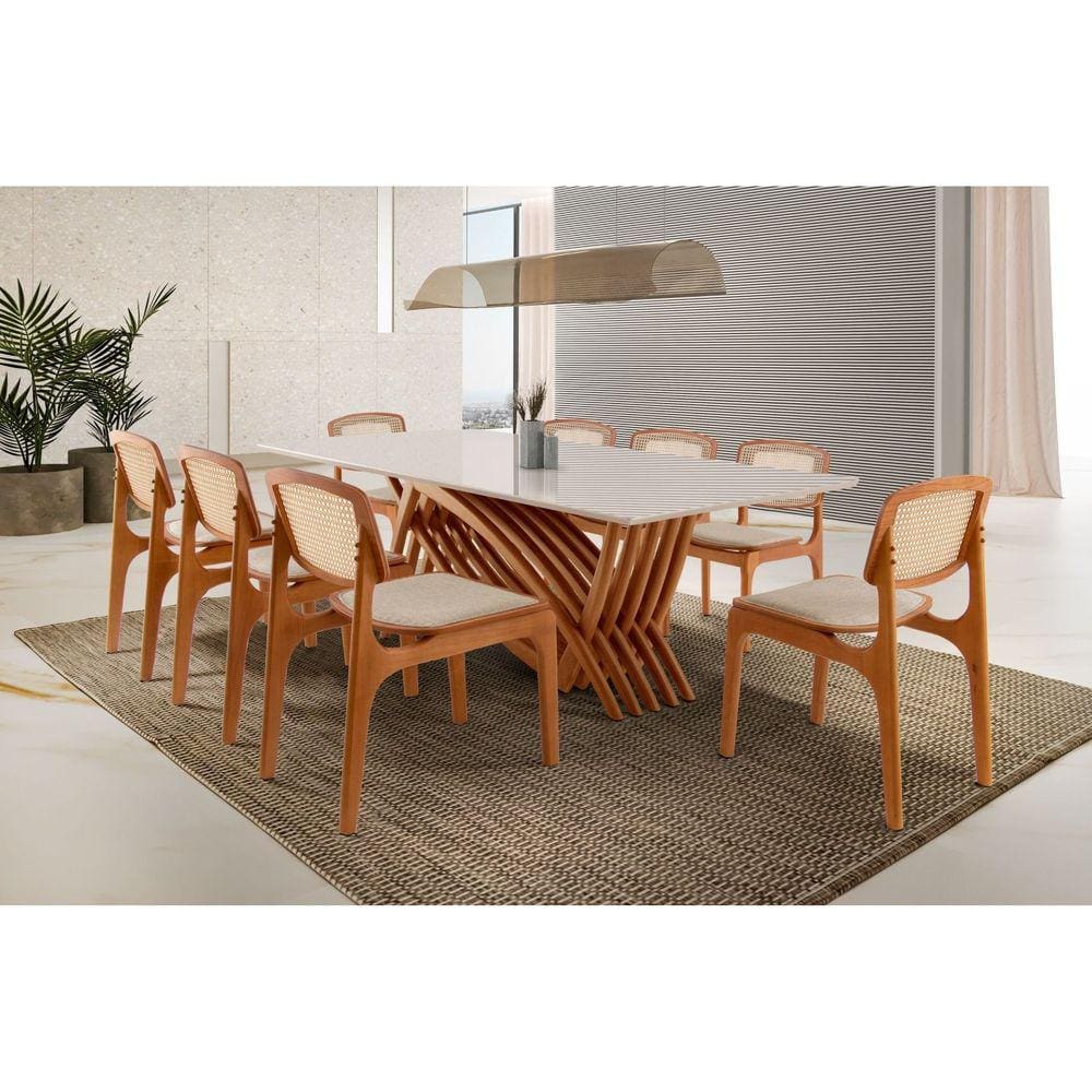 Mesa Zurick 2200 X 1100 com 8 Cadeiras Maia Premium Off White/ Imbuia Natural