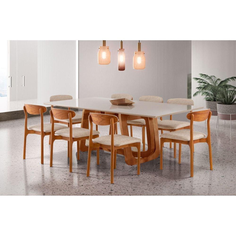 Mesa Genova 2200 X 1100 com 8 Cadeiras Monaco Cinamomo imbuia/Laq. Off white - Imbuia natural