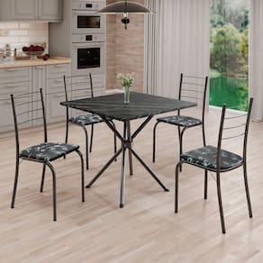 Conjunto Sala de Jantar Mesa Quadrada 70x70cm Tampo Madeira Mdp Indiana 4 Cadeiras Rio Preto Floral / Mart Prata