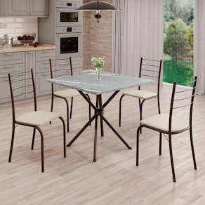 Conjunto Sala de Jantar Mesa Quadrada 70x70cm Tampo Granito Topázio 4 Cadeiras Rio Creme / Marrom