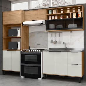 Cozinha Modulada Toscana 4 Peças Mdf com Aéreo 1200 Porta de Vidro Basculante e Torre 2 Fornos Freijó/Off White