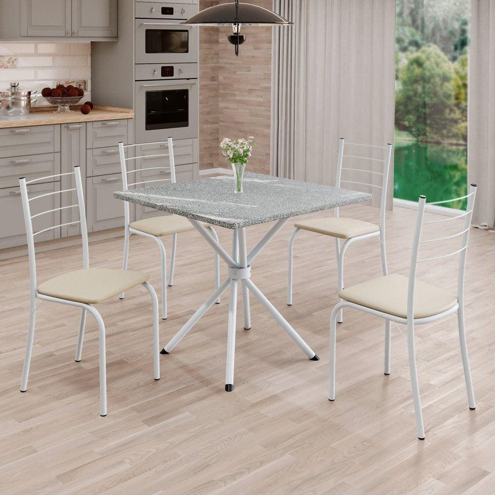 Conjunto Sala de Jantar Mesa Quadrada 70x70cm Tampo Madeira Mdp 4 Cadeiras Rio Creme / Branco