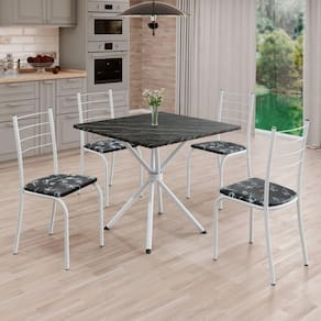 Conjunto Sala de Jantar Mesa Quadrada 70x70cm Tampo Ardósia Indiana 4 Cadeiras Rio Preto Floral / Branco