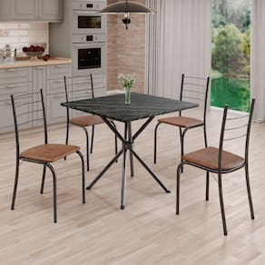 Conjunto Sala de Jantar Mesa Quadrada 70x70cm Tampo Ardósia Indiana 4 Cadeiras Rio C. Marrom / Mart Prata