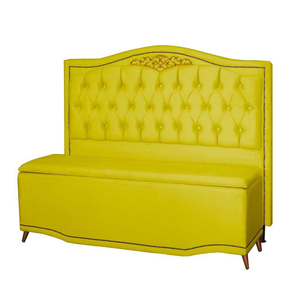 Kit Cabeceira e Calçadeira Baú Maitê Casal 140cm Veludo Amarelo - Montanaris Decor