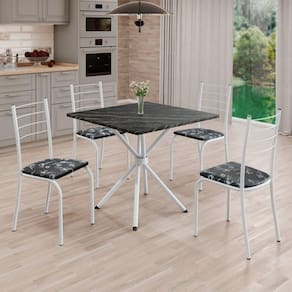 Conjunto Sala de Jantar Mesa Quadrada 70x70cm Tampo Madeira Mdp Indiana 4 Cadeiras Rio Preto Floral / Branco