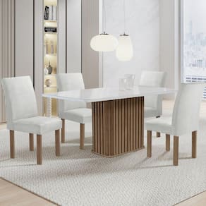 Conjunto Mesa Zara 120cm com 4 Cadeiras Canela Tampo Smart Plus com Vidro Chocolate/Off White/Boucle Gelo