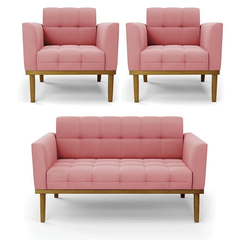 Namoradeira Com 2 Poltronas Base De Madeira Castanho Elisa Suede D03 - D\`rossi Cor Rose