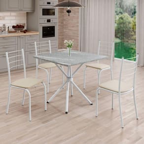 Conjunto Sala de Jantar Mesa Quadrada 70x70cm Tampo Granito Topázio 4 Cadeiras Rio Creme / Branco