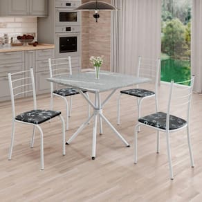Conjunto Sala de Jantar Mesa Quadrada 70x70cm Tampo Granito Topázio 4 Cadeiras Rio Preto Floral / Branco