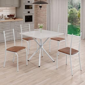 Conjunto Sala de Jantar Mesa Quadrada 70x70cm Tampo Madeira Mdp 4 Cadeiras Rio C. Marrom / Branco