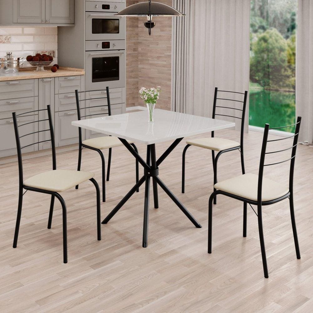 Conjunto Sala de Jantar Mesa Quadrada 70x70cm Tampo Madeira Mdp 4 Cadeiras Rio Creme / Preto Fosco