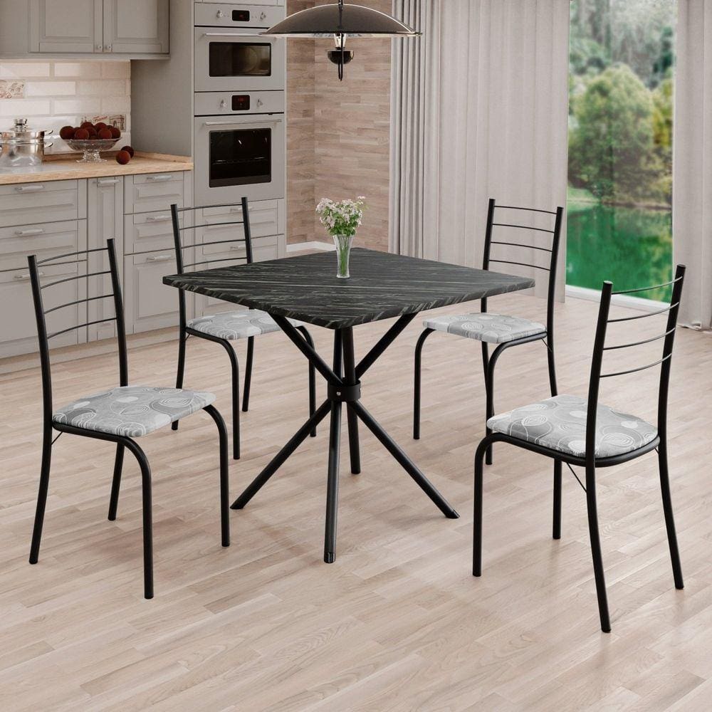 Conjunto Sala de Jantar Mesa Quadrada 70x70cm Tampo Ardósia Indiana 4 Cadeiras Rio Paraopeba/ Preto Fosco
