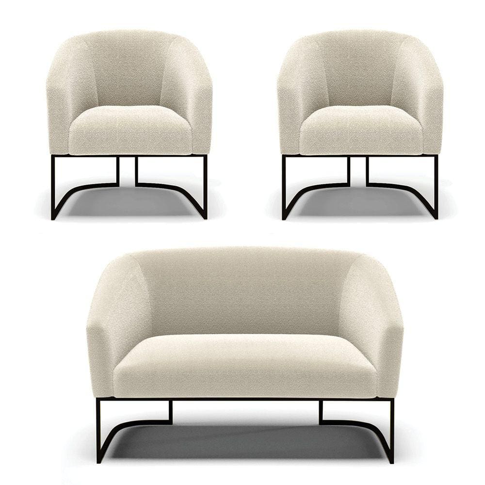 Sofá Namoradeira e 2 Poltronas Base Industrial Preto Stella Bouclê D03 - D`Rossi