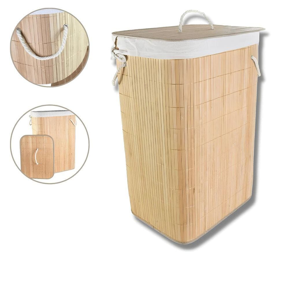 Cesto Roupas Sujas Em Bambu 72 Litros Retangular Alças e Tampa Forrado Ecologico Sustentável Grande Dobravel Organizador