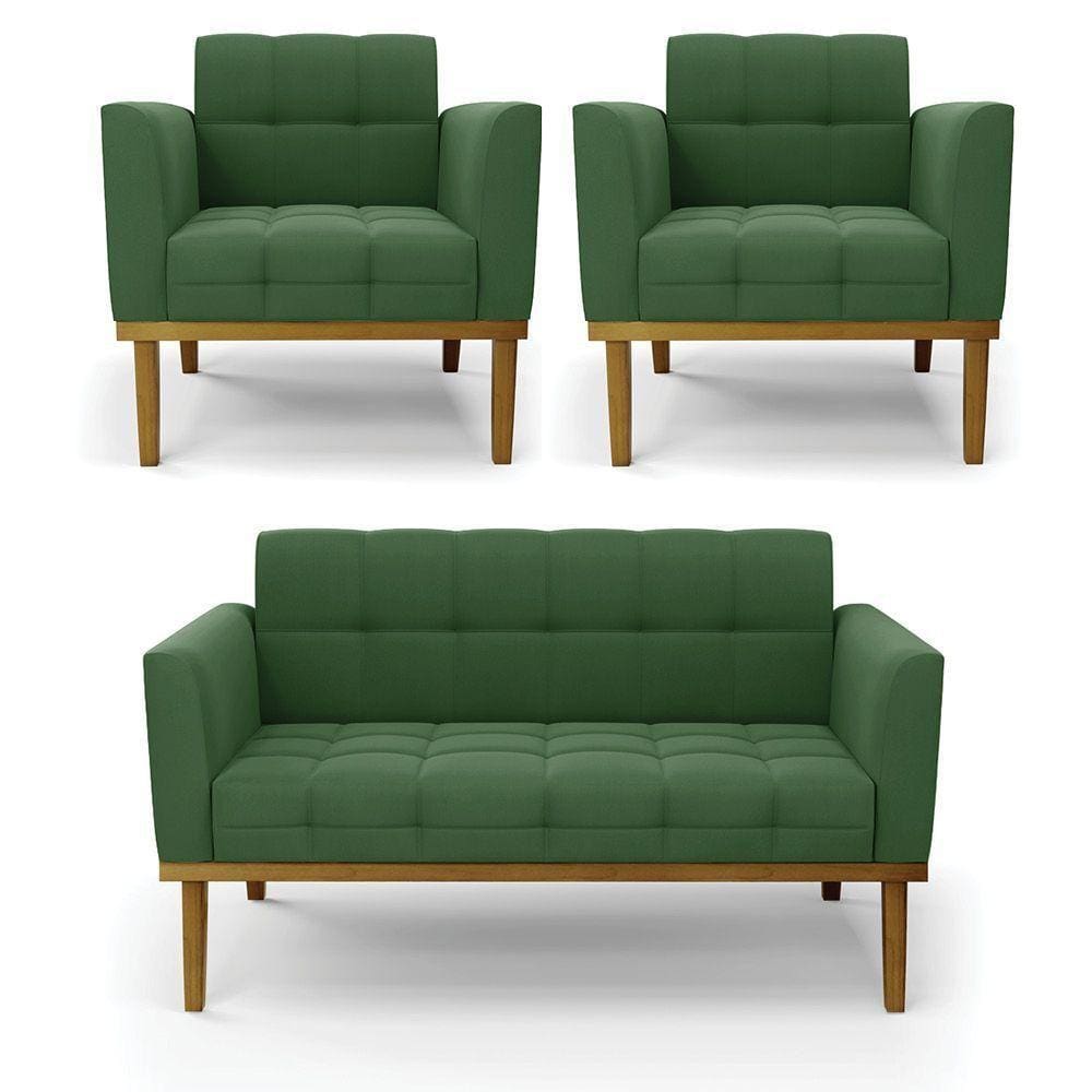 Namoradeira Com 2 Poltronas Base De Madeira Castanho Elisa Suede D03 - D\`rossi Cor Verde