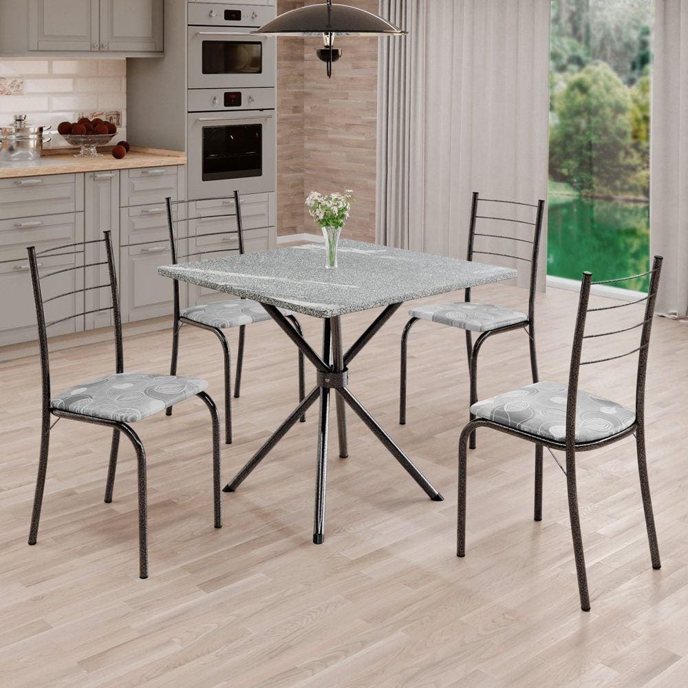 Conjunto Sala de Jantar Mesa Quadrada 70x70cm Tampo Granito Topázio 4 Cadeiras Rio Paraopeba / Mart Prata