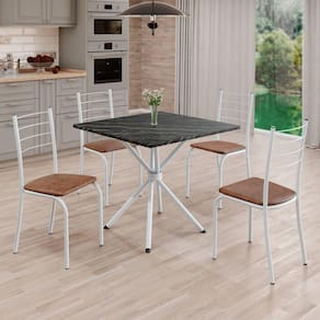 Conjunto Sala de Jantar Mesa Quadrada 70x70cm Tampo Ardósia Indiana 4 Cadeiras Rio C. Marrom / Branco