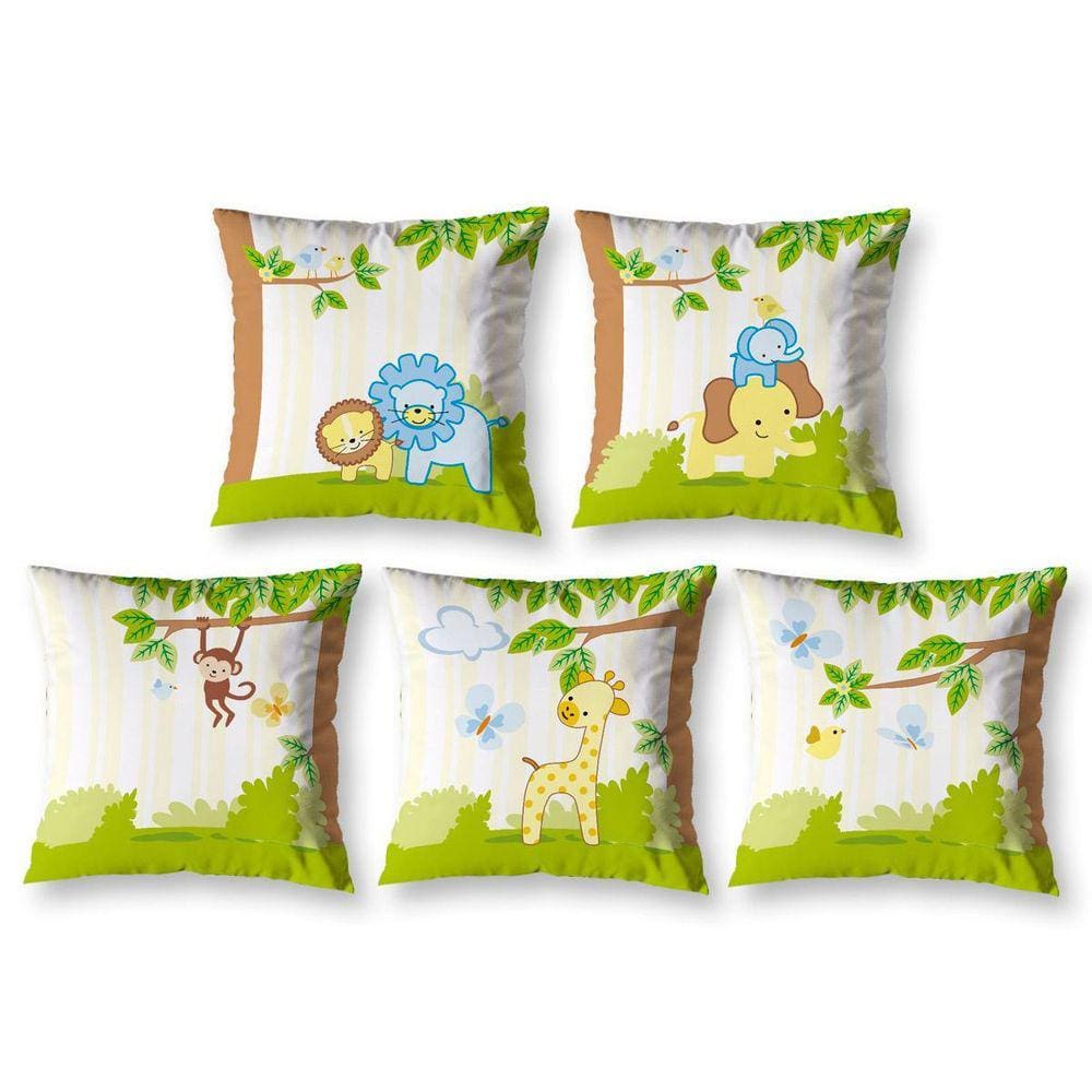 Kit 5 Almofadas Cheias Estampadas Infantil 40X40 Zíper Selva