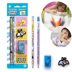Kit Escolar Com 2 Lápis Hb Apontador E Borracha Looney Tunes