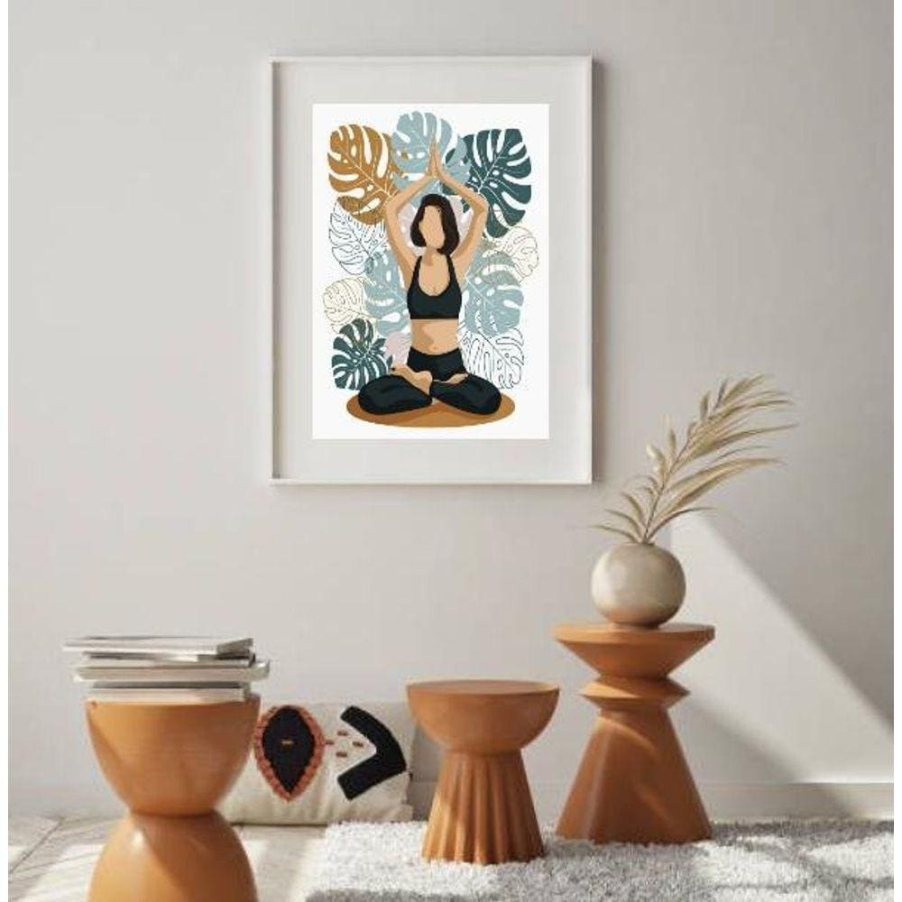 Quadro Mulher Yoga- Fundo Folhas - 60X48Cm