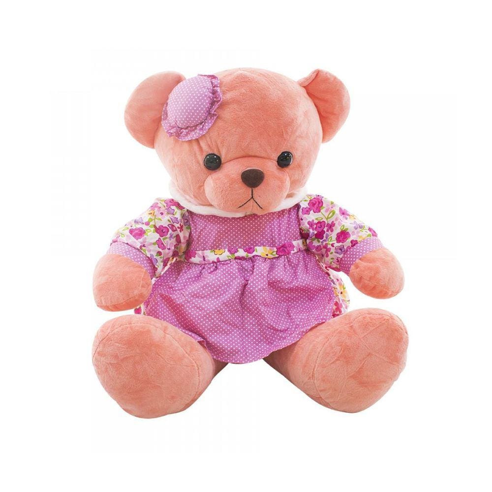 Ursa Cor Salmão Sentada Vestido Florido E Chapeuzinho 37Cm