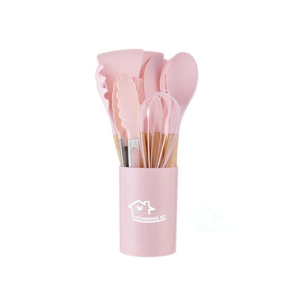 Kit 12 Utensílios de Cozinha em Silicone Cabo de Madeira Resistente ao Calor