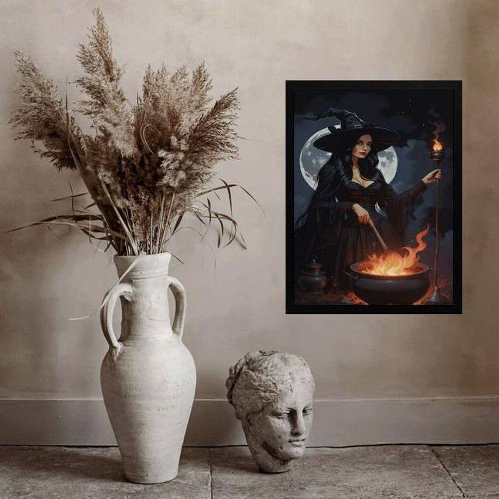 Quadro Wicca Bruxa Com Caldeirão 24X18Cm - Com Vidro