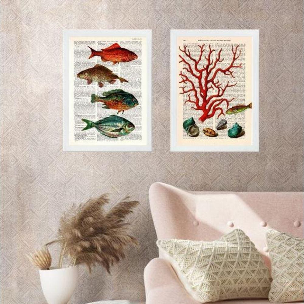 Kit 2 Quadros Casa De Praia- Peixes E Alga 33X24Cm - Vidro