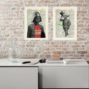 Kit 2 Quadros Vintage Yoda E Vader 24X18Cm