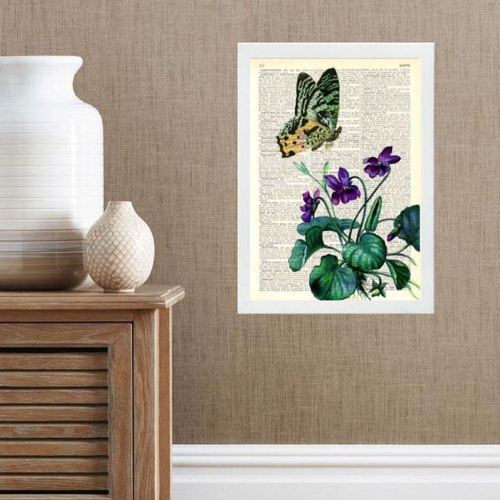 Quadro Borboleta Com Flores - Vintage 33X24Cm - Com Vidro