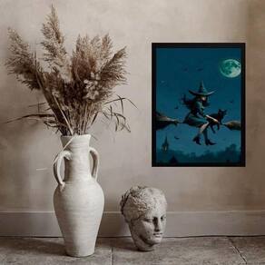 Quadro Bruxa Na Vassoura Com Gato Preto 33X24Cm