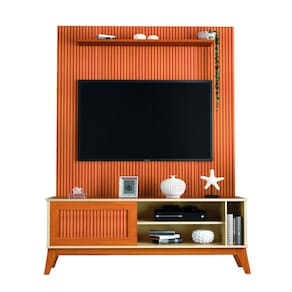 Rack Bancada Aruba Com Painel Para TV Até 55 Polegadas 1,35m Egeo Cedro/Off White Ripado Impressão 3D EDN