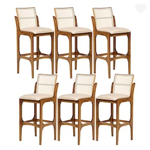 Kit 6 Banquetas para Área Gourmet Lisboa Encosto Rattan Madeira Imbuia Linho Bege M58 RMI