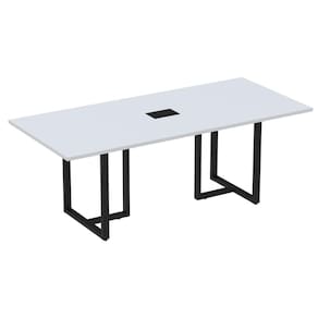 Mesa de Reunião com Caixa de Tomada Retangular 200 x 90 cm Pé Tubular PE25 em MDP Cinza Base Preta