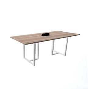 Mesa de Reunião com Caixa de Tomada 200 x 90 cm Pé Tubular PE25 em MDP Noce Naturalle Base Branca