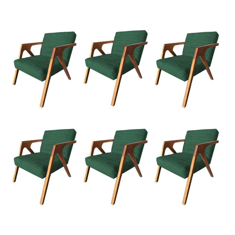 Kit 6 Poltronas Decorativa Ísis em Veludo Verde Base em Madeira Maciça