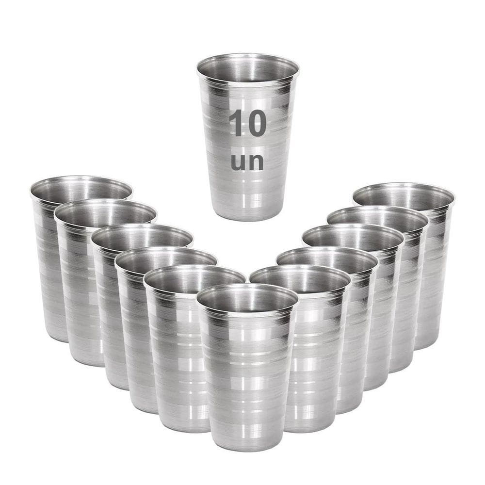 10 Copos Aço Inox Resistente Grande Cerveja Agua Suco 390Ml