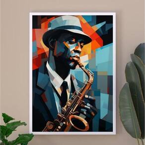 Quadro Músico Jazz - Pintura Geométrica 45X34Cm