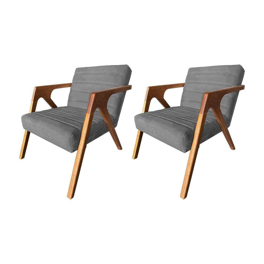Kit 2 Poltronas Decorativa Ísis Base em Madeira Maciça em Veludo Cinza
