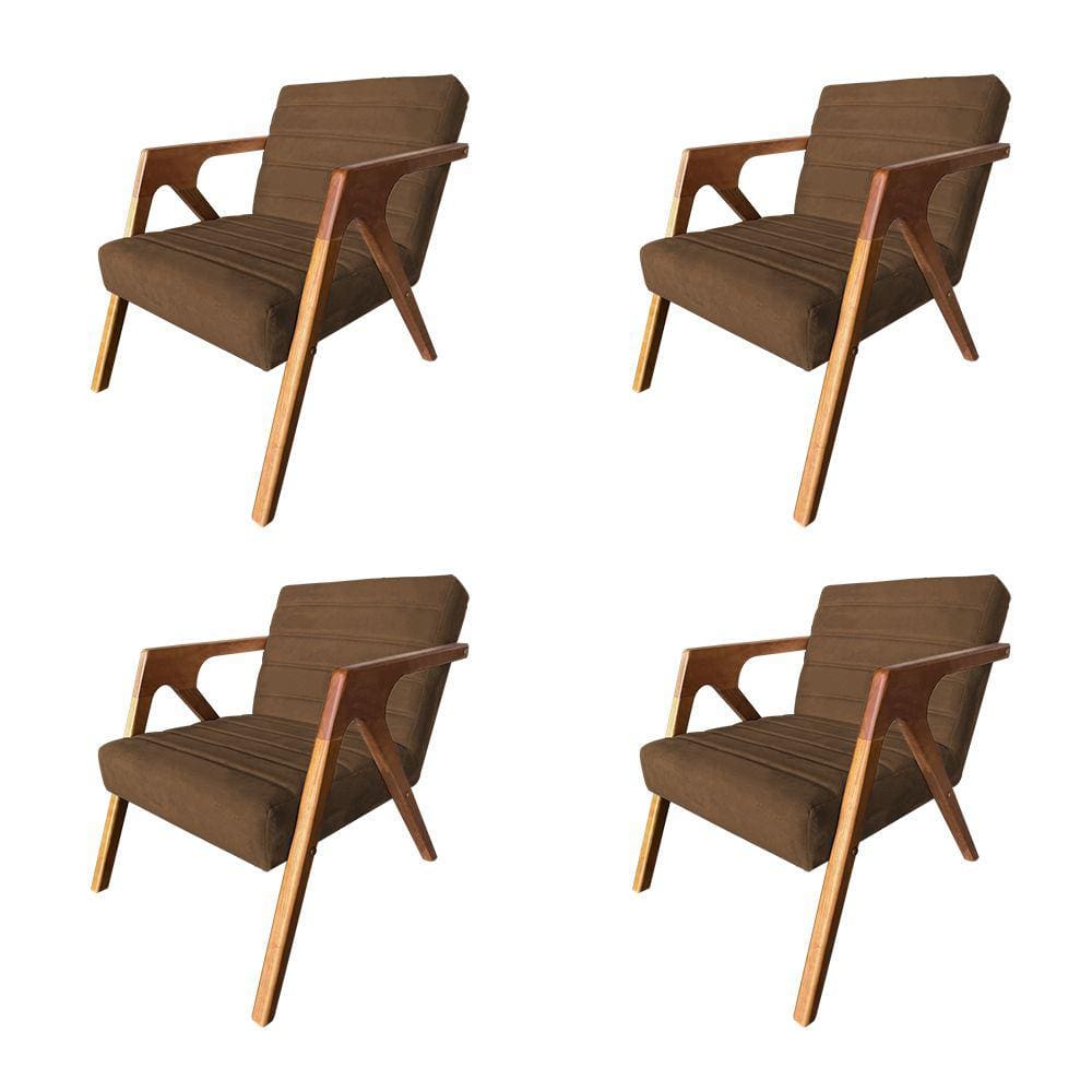 Kit 4 Poltronas Decorativa Ísis em Veludo Marrom Base em Madeira Maciça