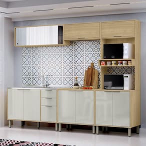 Cozinha Modulada Glória 5 Peças com Aéreo 1200 Portas Deslizantes e Torre 2 Fornos Castanho/Off White