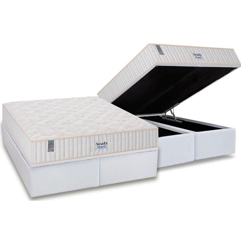 Cama Box Baú King: Colchão Molas Sealy MasterPocket Ensacadas Miami + Base CRC Courano White(193x203)