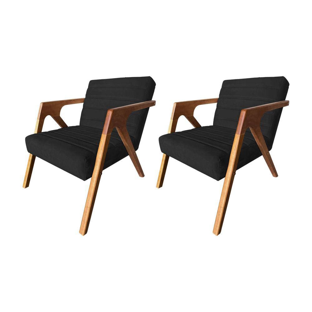 Kit 2 Poltronas Decorativa Ísis Base em Madeira Maciça em Veludo Preto