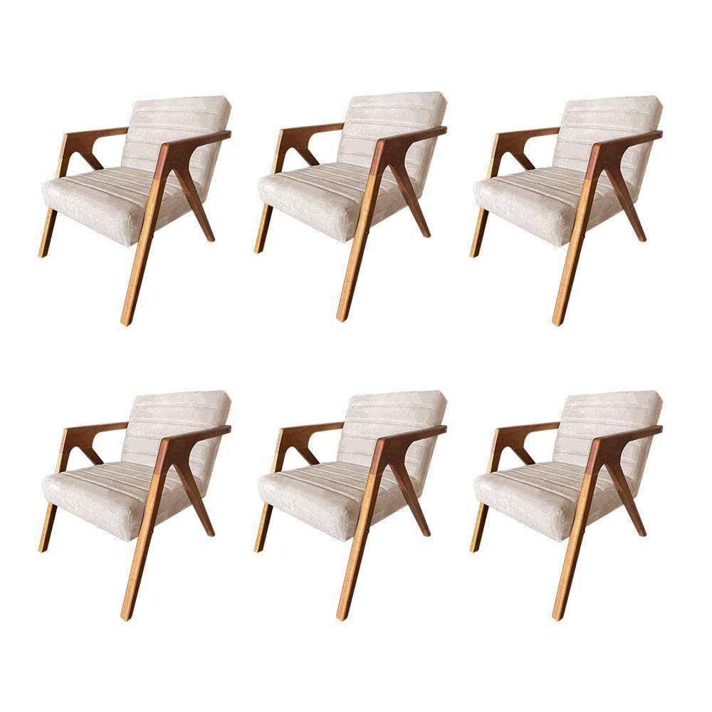 Kit 6 Poltronas Decorativa Ísis em Veludo Bege Base em Madeira Maciça